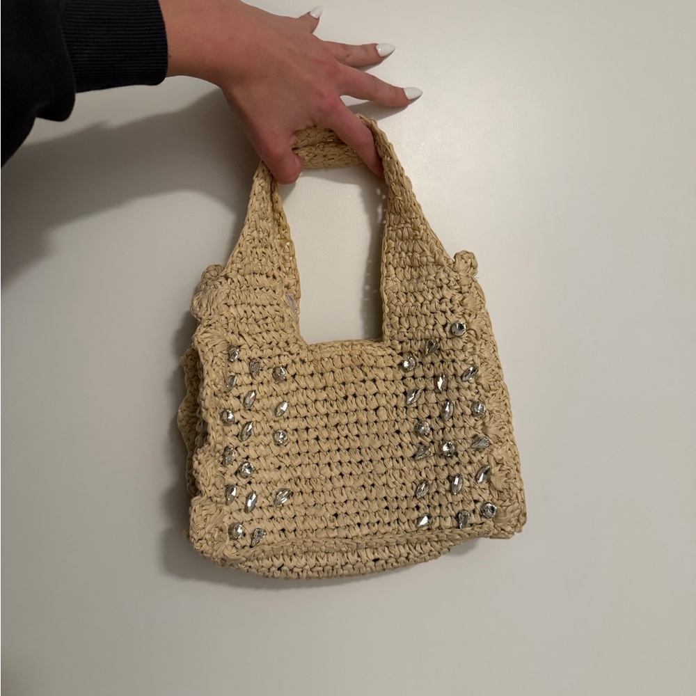Elegant Beige Crochet Shoulder Bag with Rhinestones